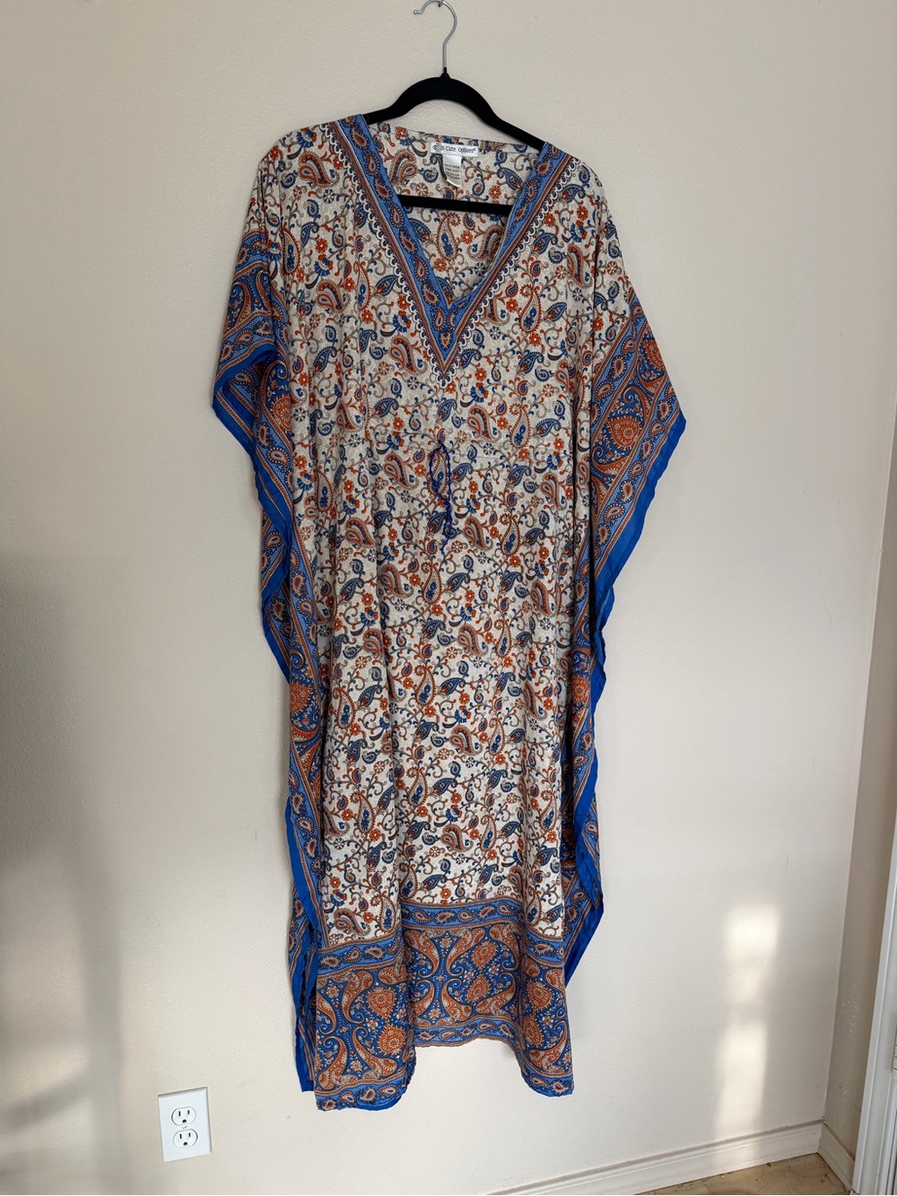 Paisley V-Neck Maxi Kaftan Dress in Blue and Tan